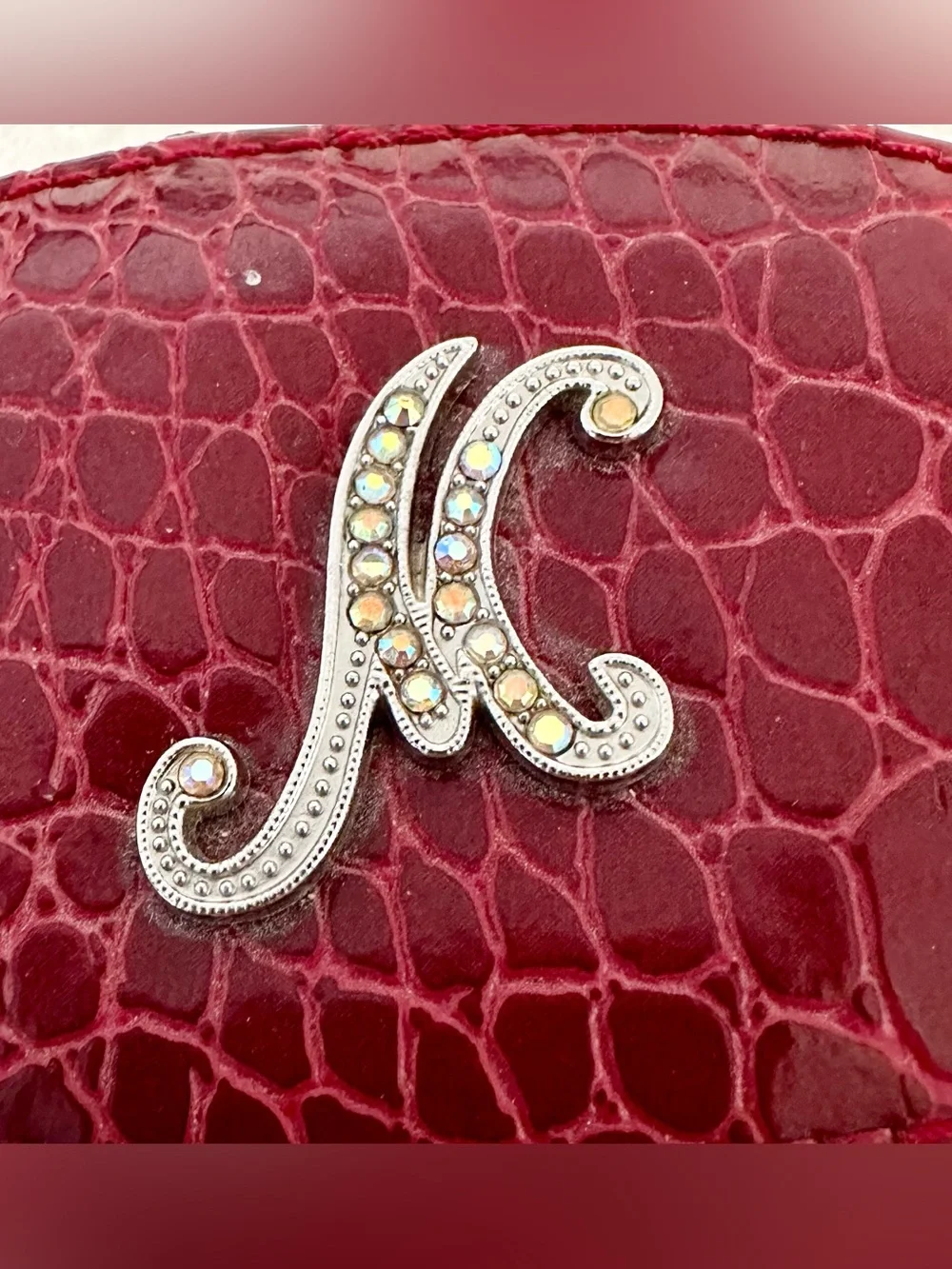 Vintage Y2K Red Croc Travel Jewelry Box Rhinestone Initial K Oval Mini Case